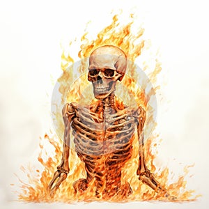 Satirical Skeleton In Fire: Detailed Shading Digital Art