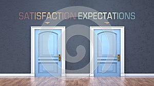 Satisfaction and expectations as a choice - pictured as words Satisfaction, expectations on doors to show that Satisfaction and