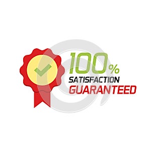 Satisfaction guarantee 100 percent vector label or badge, flat cartoon 100 percentage quality symbol or emblem with red