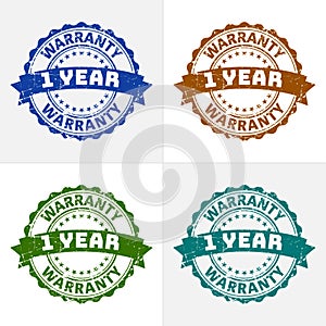 Grunge Quality 1 Year reliable & powerful warranty badges with four color Variant on white background. Vector Illustration.