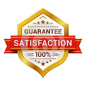 Satisfaction guaranteed badge with ribbon, stars, gold frame. 100 percent risk free, high quality.