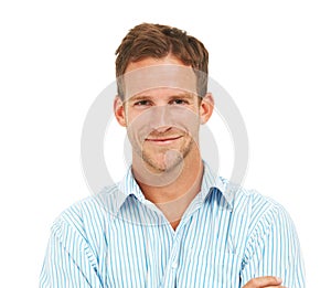 Satisfaction guaranteed. Studio portrait of a confident young businessman posing against a white background.