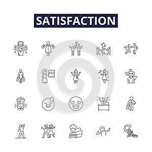 Satisfaction line vector icons and signs. Bliss, exhilaration, gratification, achievement, glee, gratification, delight photo