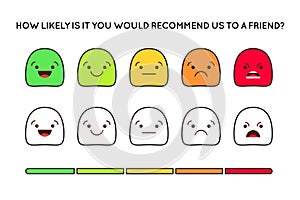 Satisfaction Rating. Set of Feedback Icons in form of emotions. Excellent, good, normal, bad, awful. Vector illustration