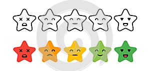 Satisfaction Rating. Set of Feedback star Icons in form of emotions. Excellent, good, normal, bad, awful.