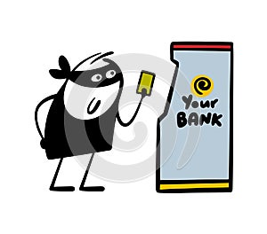 Satisfied bandit holds bank card and is going to steal money. Vector illustration of bank machine, man in black mask