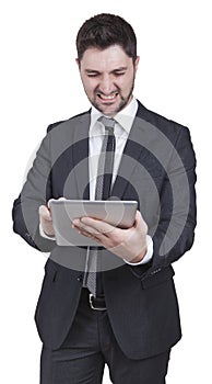 Satisfied businessman holding tablet