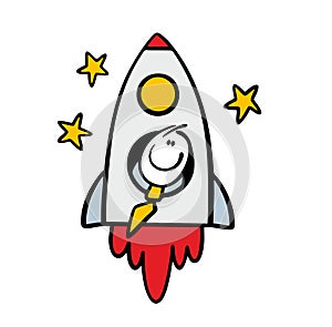 Satisfied businessman, leader flies up in rocket, strive for success in business. Vector illustration of cartoon