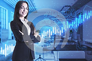 Satisfied businesswoman on digital screen background with growing up stock market graph and circuit, algorithmic trading concept