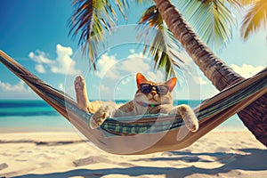 A satisfied cat in sunglasses rests in a hammock on the beach. Holidays with pets