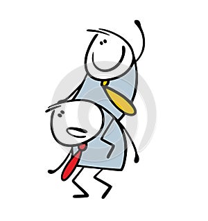 Satisfied exploiter in business sits on the back of a subordinate and commands. Vector illustration of an unhappy tired