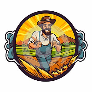 Satisfied farmer oversees his field and farm. Farm and agriculture concept. Cartoon vector illustration. label, sticker photo