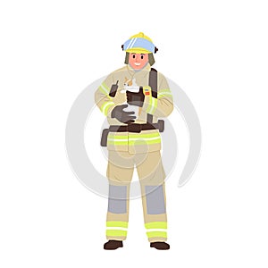 Satisfied firefighter cartoon character wearing protective suit and helmet holding saved kitten