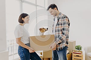 Satisfied lovely family couple carry carton box with their domestic pet, move in new dwelling prepare for celebration of