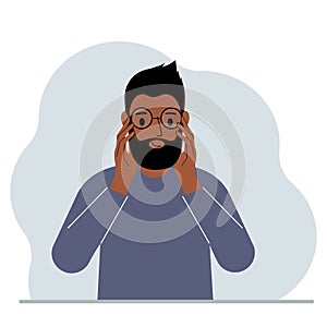 Satisfied man with glasses. Vision problem concept. Vector