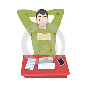Satisfied Man Journalist or Columnist at Workplace Thinking Over Article Topic Vector Illustration