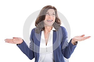 Satisfied middle-aged woman in blue - isolated over white backgrund.