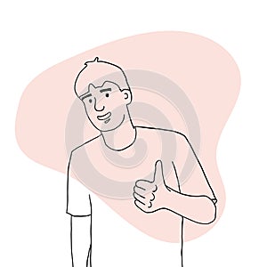 A satisfied person raises his thumb up. A gesture of approval. Positive emotion of the person. all OK. vector line drawing