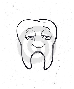 Satisfied smiling healthy adult human tooth with eyes after eating. Outline. Vector illustration. Symbol of somatology