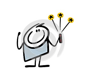 Satisfied stickman holds a firecracker and launches a salute into the sky. Vector illustration of dangerous