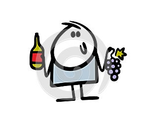 Satisfied stickman sommelier demonstrates grapes and French wine. Vector illustration of a man with berries and an