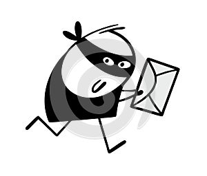 Satisfied stickman thief runs away from police and holds envelope with letter in his hands. Vector illustration man