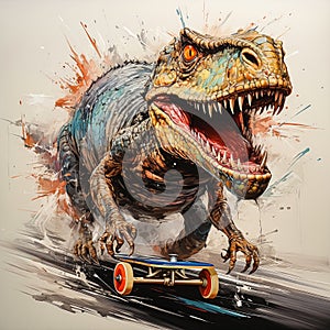 A satisfied Tyrannosaurus rex rides a watercolor skateboard