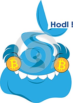 Satisfied whale with bitcoins in the eyes Hodl logo-illustration