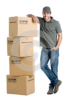 Satisfied worker with boxes photo