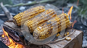Satisfy your craving for comfort food with this delicious corn on the cob. Slowly roasted over a crackling fire and photo
