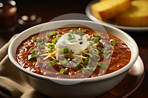 Satisfying chili with cornbread and sour cream at dusk captured in ultra wide angle