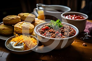 Satisfying chili with cornbread and sour cream under dusk sky captured with ultra wide angle
