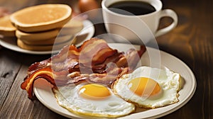 Satisfying Sunny Side Up Eggs, Bacon, and Pancakes in an American Breakfast Setting