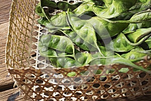 Sator Parkia speciosa Thai vegetable in tradional wicker basket on natural mat. Beautiful exotic Thai food ingredient