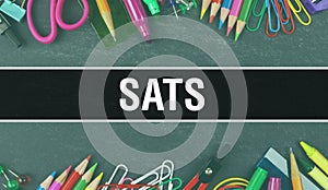 SATS text written on Education background of Back to School concept. SATS concept banner on Education sketch with school supplies photo