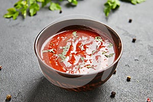 Satsebeli tomato ketchup sauce and paste with red hot chilly pepper, cilantro, garlic, vinegar, spices. Georgian traditional spicy