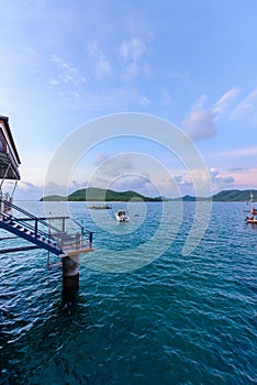 Sattahip harbor view in the morning and boat tourists