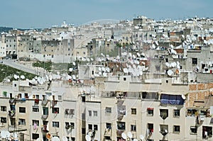 Sattelite dishes on rooftops of houses in old town of Fes El Bali, Old Medina photo