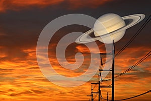 Saturn back on night cloud sunset sky silhouette power elecrtic