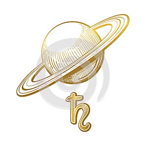 Saturn golden symbol with rings and astrological symbol. Illustration for a natal chart. Vector hand drawing, planet for