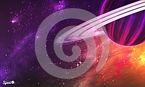 Saturn-like planet with asteroid belt on colorful outer space background. Vector illustration.