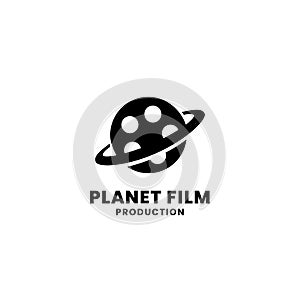 Saturn planet film vector logo design. Film roll illustration symbol for creative cinema movie production studio graphic template