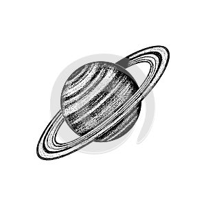 Saturn Planet. Gas giant. Astronomical galaxy space. Engraved hand drawn in old sketch, vintage style for label.