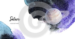 Saturn planet horizontal banner watercolor hand drawn illustration with watercolor splash backgroundon white.
