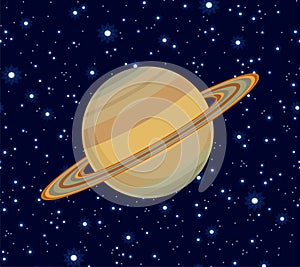 Saturn planet and rings on dark starry sky background.