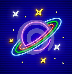 Saturn planet with rings in space neon