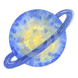 Saturn planet solar system with ring around. Cosmos space clipart . Hand draw watercolor illustration isolated on white