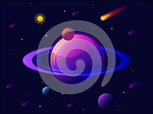 Saturn planet solar system with stars. futuristic space background. Abstract universe with big ultraviolet planet vector