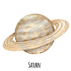 Saturn Planet of the Solar System watercolor isolated illustration on white background. Outer Space planet hand drawn