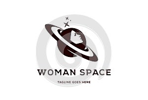 Saturn Planet with Woman Astronaut Spacewoman Helmet for Universe Science Logo Design